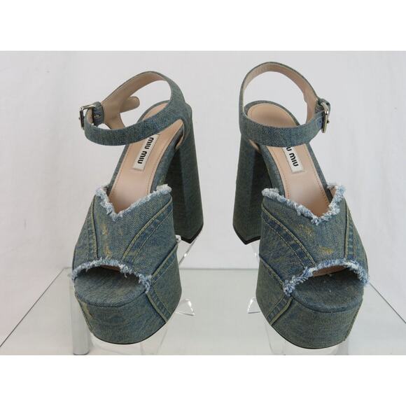 MIU MIU 5XP832 BLUE WASHED DENIM BUCKLE ANKLE STRAP SANDAL PLATFORM PUMPS 37 - Picture 6 of 14